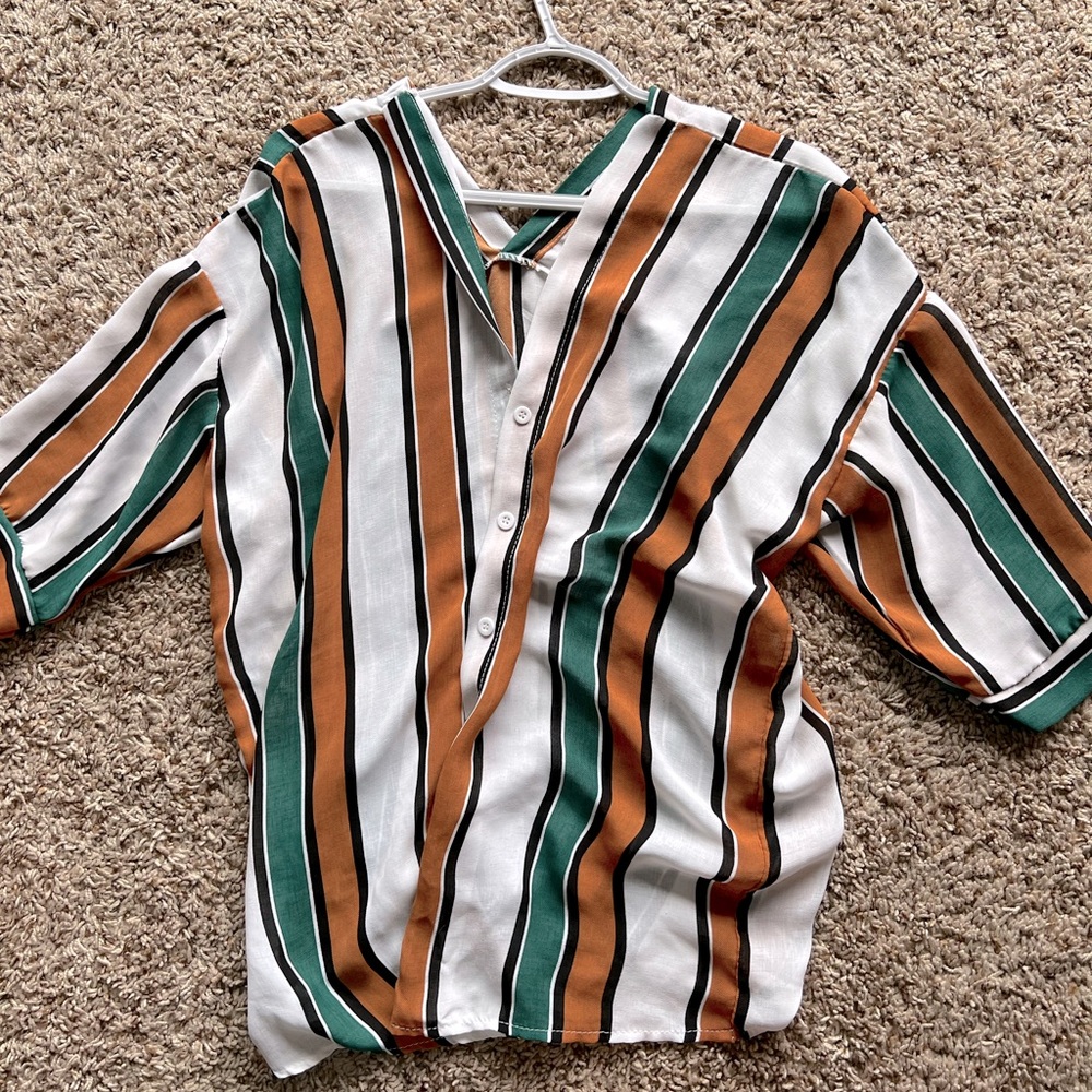 Teal, burnt orange, white & black stripe button up!
